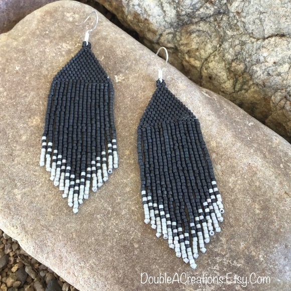DARK Gray With Light Gray Tips Handmade Beaded Earrings,New, Handmade by Me - Picture 3 of 8